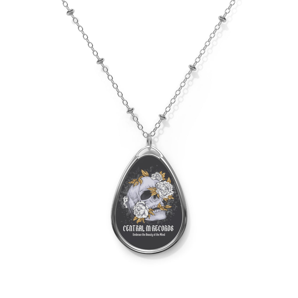 Central M Records Gothic Oval Necklace with Skull Design, Edgy Jewelry, Perfect for Halloween, Gift for Music Lovers, Alternative Fashion Statement
