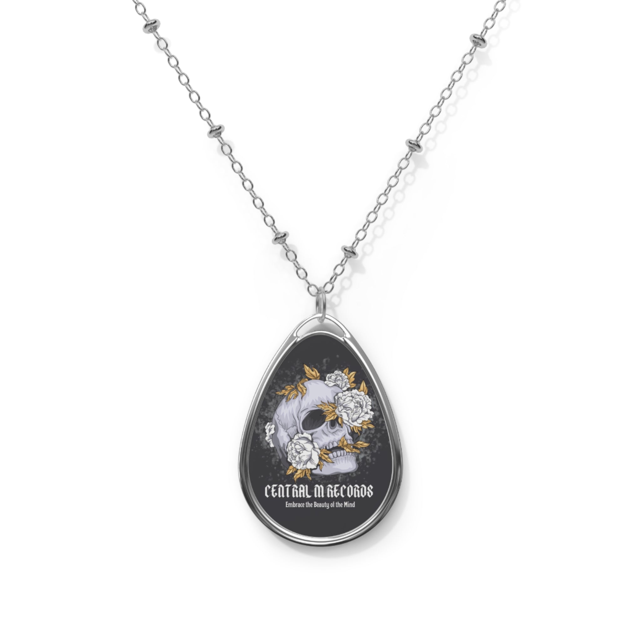 Central M Records Gothic Oval Necklace with Skull Design, Edgy Jewelry, Perfect for Halloween, Gift for Music Lovers, Alternative Fashion Statement